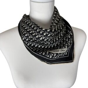 Christian Dior Trotter Monogram Silk Scarf Black White Luxury Vintage 19 x 19